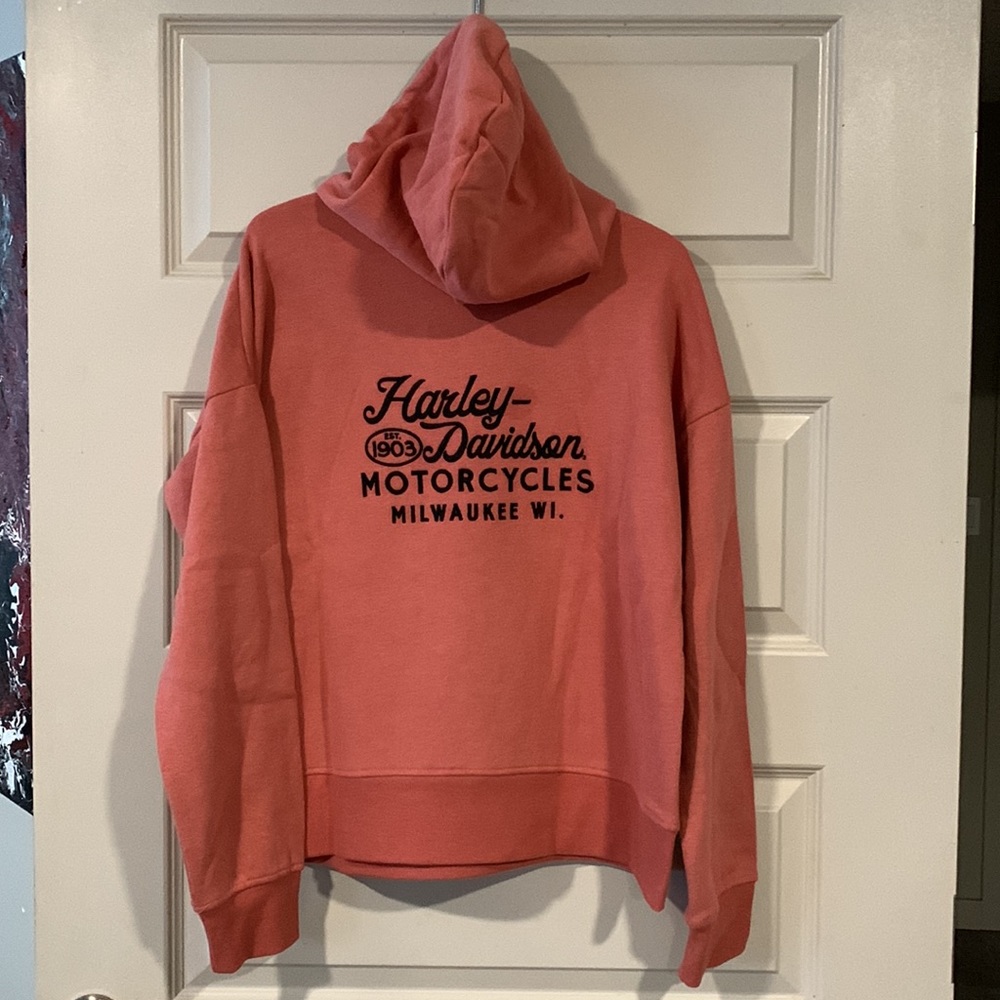 Vintage look HARLEY DAVIDSON Peach embroidered Hoodie with front pouch pocket